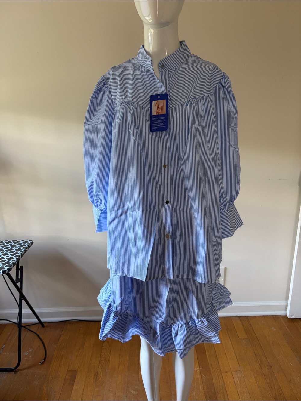 Striped Light Blue Ruffle Mini Dress with Button-Front Shirt Bodice